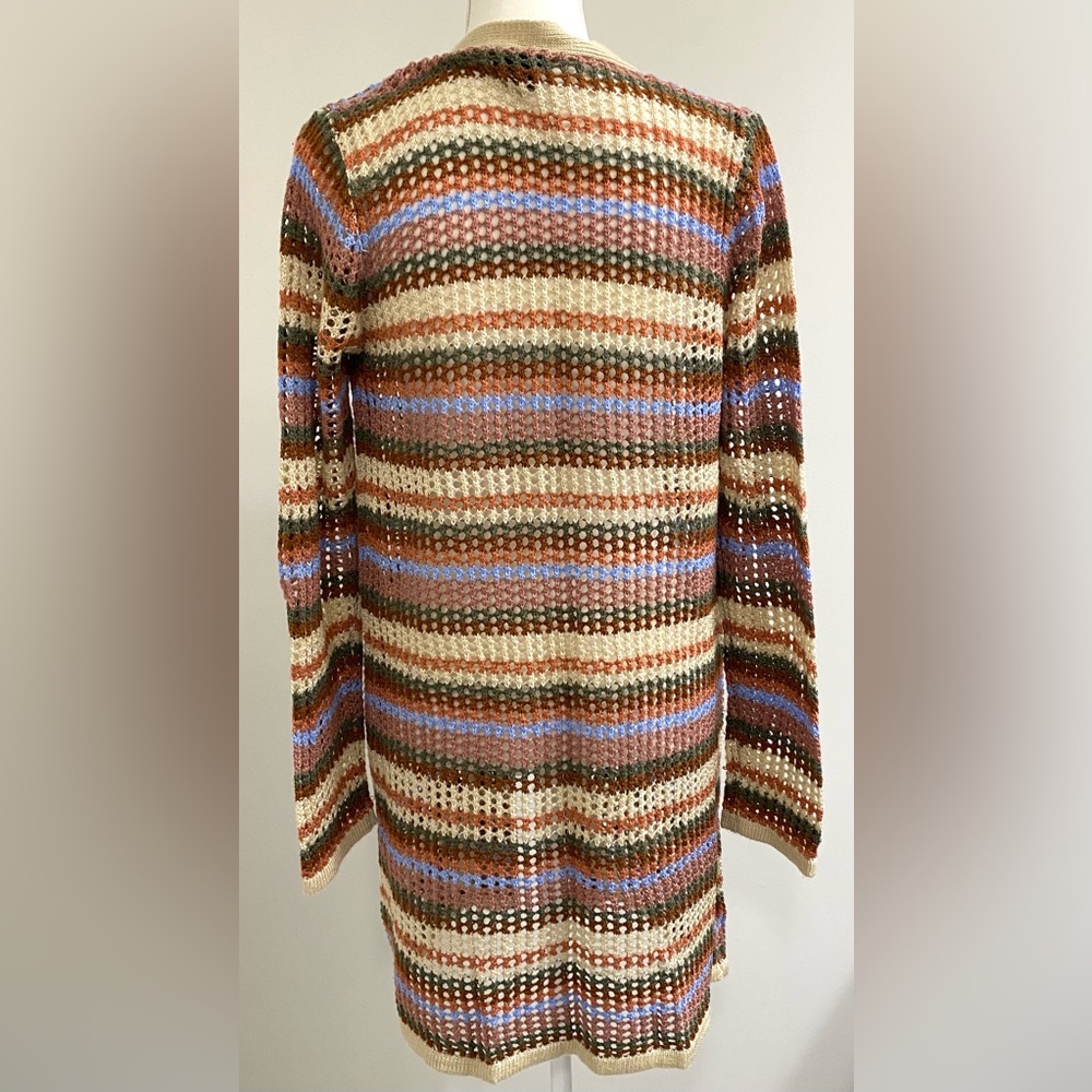 Rue 21 Womens L Brown Tan Stripe Crochet Long Cardigan Sweater Boho Eclectic Y2K - Picture 5 of 10